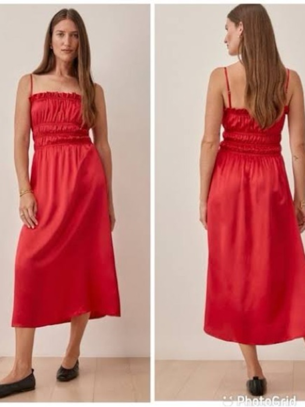 Reformation Smocked Silk Strapless Midi Dress Plumeria in Cherry Red XS